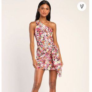 Lulus pink floral one shoulder faux wrap mini dress